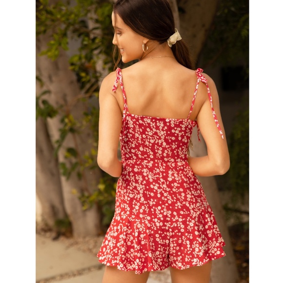 Floral Print Tie Strap Short Red Romper - Picture 3 of 8
